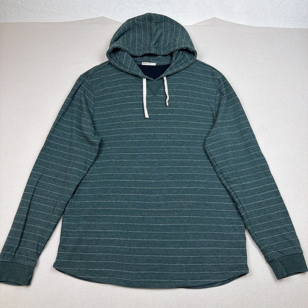 Marine Layer Double Knit Pullover Hoodie Size L Green White Striped Minimalist